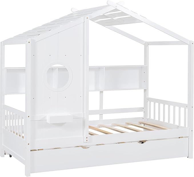 Harper & Bright Designs Twin Size Modern House Bed with Roof, Wooden Twin Kids House Bed Frame with Trundle and Storage Shelf, White