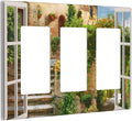Mediterranean Greece Scene Flowers Light Switch Cover Triple Rocker Decorative 3 Gang Switches Plates and Outlet Covers Italian Town from Another Window Switchplate Wallplate for Kitchen Living Room