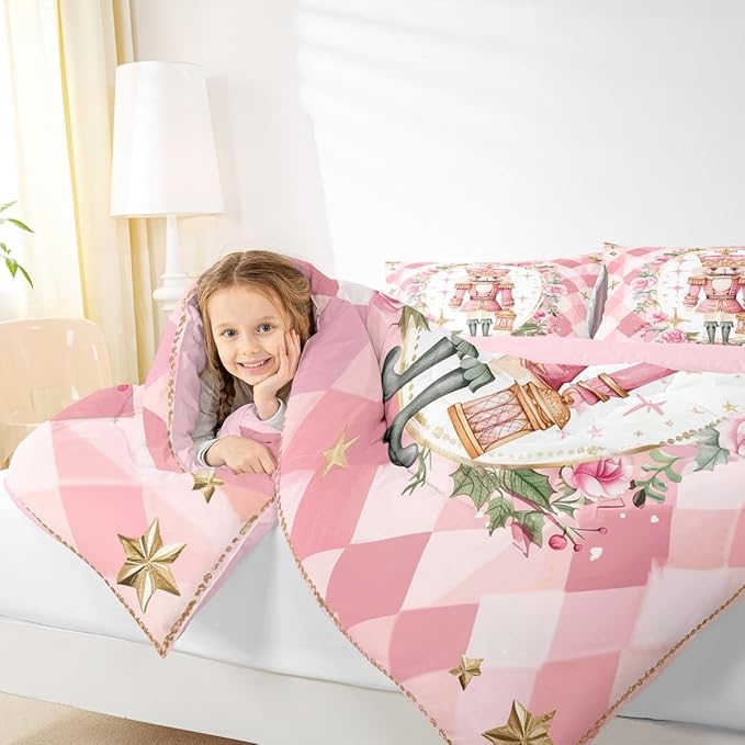 Feelyou Christmas Comforter Set Full Size Pink Nutcrackers Bedding Set for Kids Boys Girls Floral Duvet Quilt Funny Nutcracker Bedroom Decor Rose Microfiber 3 Pcs with 2 Pillow Cases