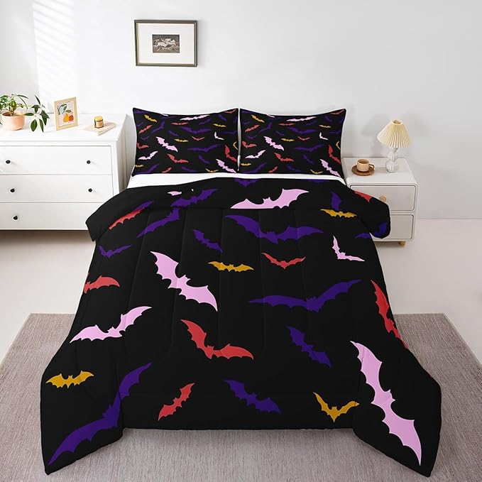Erosebridal Bat Bedding Set Full Size for Kids Children Happy Halloween Comforter Set Flying Bat Quilt Gothic Spooky Down Comforter with 2 Pillow Cases,Purple and Pink