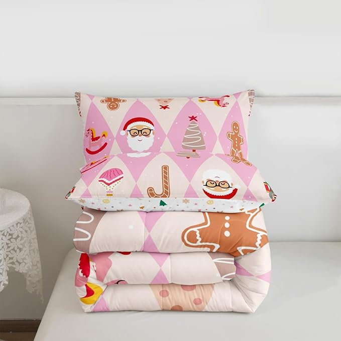 Feelyou Pink Christmas Kids Comforter Set King Size Santa Claus Bedding Set Xmas Tree Nutcracker Soldier Duvet Quilt for Kids Boys Girls Bedroom Gingerbread Man Decor Microfiber Ultra Soft Breathable