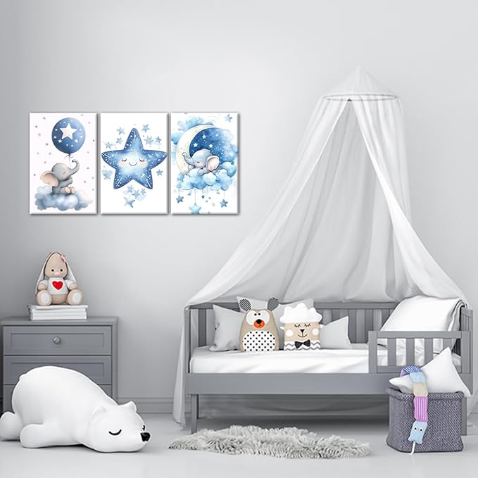 Nursery Canvas Wall Art Elephant Pictures Wall Decor Moon and Stars Painting Baby Boy Prints Cute Animal Poster Artwork for Kids Room Bathroom Decor Framed(Baby-1,12L x 16W x 3Pcs)