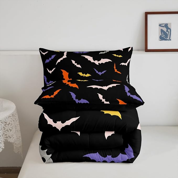 Erosebridal Bat Quilt Halloween Bedroom Decor Bedding Set King Size for Kids Teens Adults Bedroom Purple Gothic Bat Comforter Set with 2 Pillow Cases,Spooky Duvet Insert