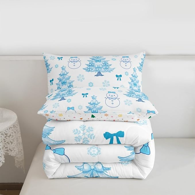 Feelyou Merry Christmas Bedding Set Soft for Boys Girls, Cute Snowman Comforter Set Queen Size Cartoon Bowknot Duvet Quilt Microfiber Christmas Tree 3 Pcs with 2 Pillow Cases