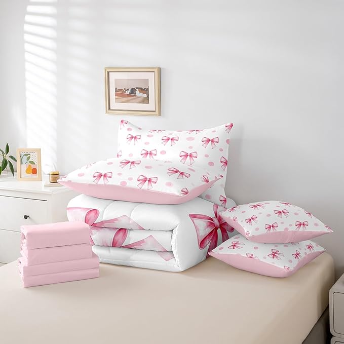 7 Pieces Pink Bow Princess Comforter Twin,Bowknot Geometric Dots Toddler Bedding Set,Butterfly Knot Bow Tie Romantic White Simple（Comforter+Fitted+Flat Sheet+2 Pillowcases+2 Throw Pillow Covers）