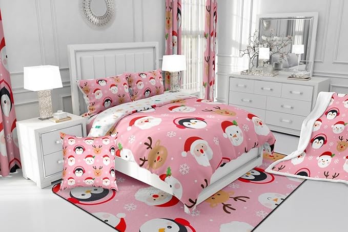 Feelyou Pink Christmas Comforter Set King Size Santa Claus Bedding Set for Kids Boys Girls Deer Penguin Duvet Quilt Snowman Bedroom Decor Microfiber 3 Pcs with 2 Pillow Cases