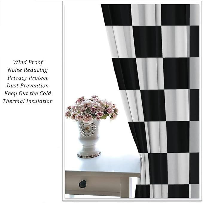 Black Checkered Curtains,70s Vintage Twisted Checkered Window Drapes Colorful Groovy Trendy Wavy Hippie Grid Print Window Treatments for Kids Boy Bedroom Living Room 42" W X 63" L