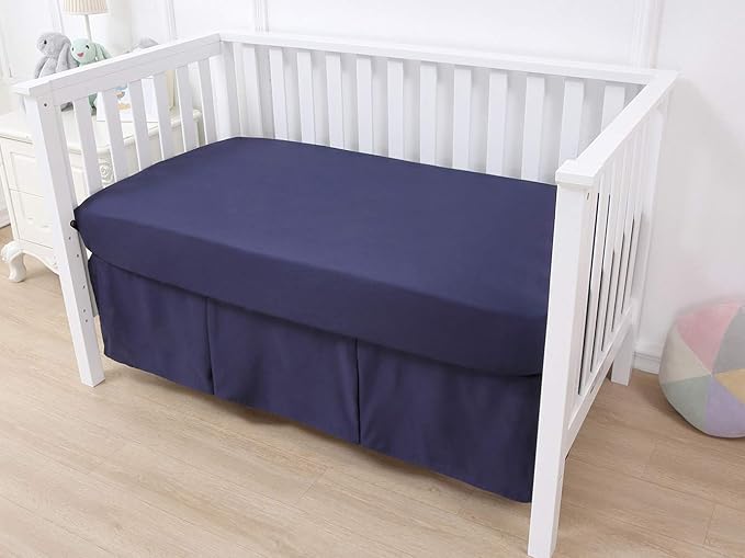 Belsden Crib Skirt with Durable Woven Platform for Boy and Girl, 2 Long Sides Pleated, Split Corners Dust Ruffle for Easy Placement on The Bed Frame Board, 14 inches (36 cm) Length Drop, Navy Color