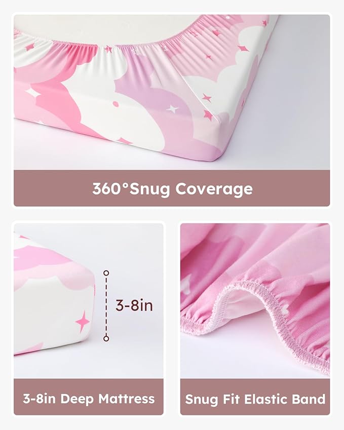 Pack and Play Sheets Fitted, 3 Pack Soft Stretchy Baby Mini Crib Sheets for Pack N Play Mattress and Portable Playard Sheets for Girls Pink Cloud Elephant