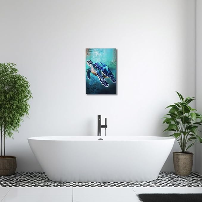 AWPANERAR Sea Turtle Wall Art Bathroom Pictures Watercolor Sea Life Canvas Prints Ocean Animal Poster Nautical Theme Artwork for Kids Room Nursery Decor Framed (Blue, (36L x 24W))
