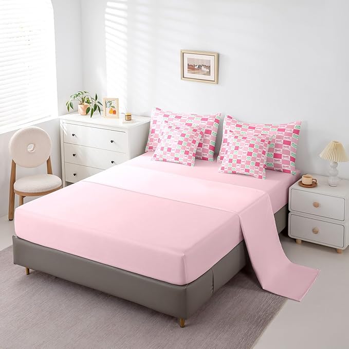 7 Pieces Cartoon Frog Kids Comforter Set Queen,Pink Bowknot Bow Tie Butterfly Knot Bedding Set,Geometric Plaid Grid Patchwork Cute（Comforter+Fitted+Flat Sheet+2 Pillowcases+2 Throw Pillow Covers）