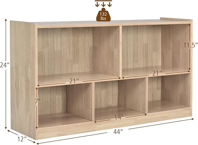 Costzon 2-Shelf Bookcase for Kids, Wooden Toy Storage Organizer for Books Toys, 5-Section Freestanding Classroom Daycare Montessori Bookshelf for Preschool, Home Playroom & Kindergarten (Natural)