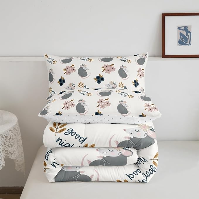 Castle Fairy Cute Opossum 3 Pcs King Size Comforter Set,Cartoon Animals Down Alternative Adults Bedroom Decor,Watercolor Flower Plant Ultra Soft Microfiber Inner Fill 3Pcs Bedding