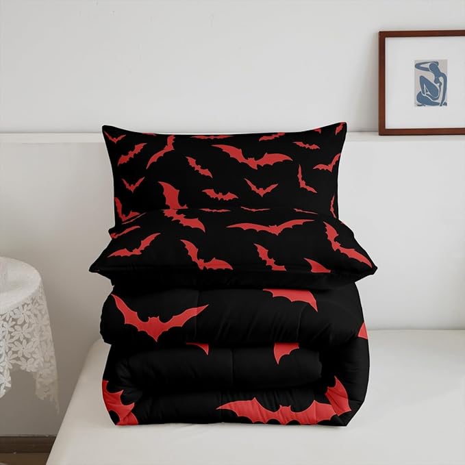 Erosebridal Bat Bedding Set Halloween Comforter Set with 1 Pillow Case Red Bats Animals Quilt Toddler Size for Kids Boys Bedroom Holiday Gothic Spooky Style Quilt