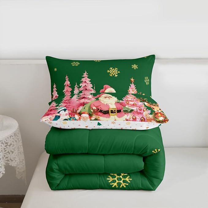 jejeloiu Merry Christmas Comforter Set Toddler Size Santa Claus Bedding Set for Kids Boys Girls Cute Deer Duvet Quilt Green Bedroom Decor