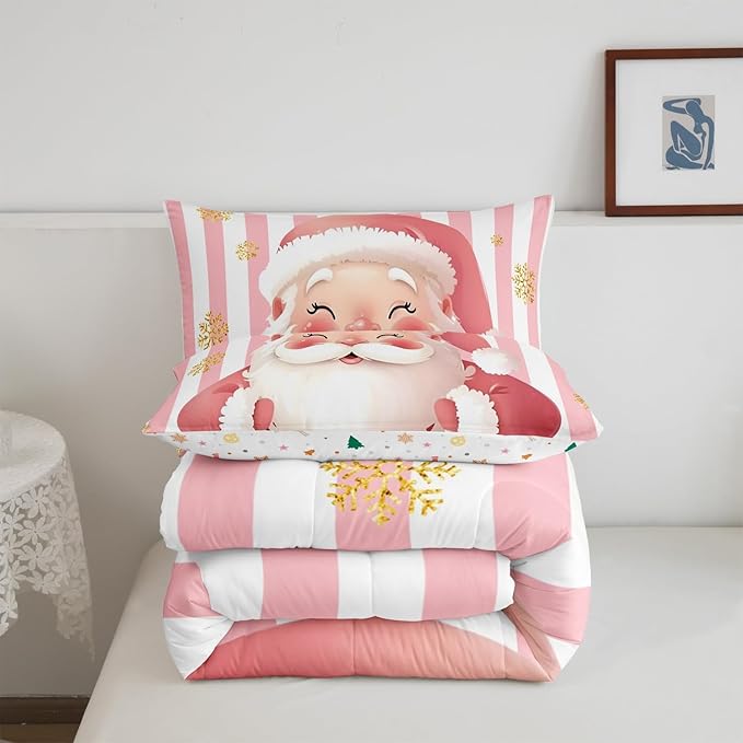 Feelyou Merry Christmas Decorations Queen Size Comforter Set Santa Claus Bedding Set Pink Quilt Set Soft Warm Lightweight Duvet Set