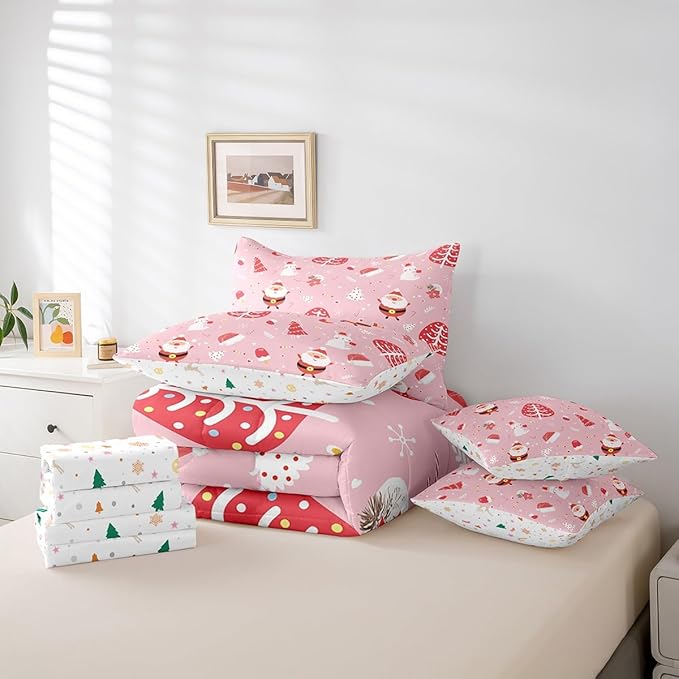 Feelyou Santa Claus Bed in a Bag Cute Rabbit Kawaii Pink Comforter Set with Sheets for Kids Boys Girls Decor Merry Christmas Bed Set Girly Pink Bedding Set Bedroom Collection Twin Size