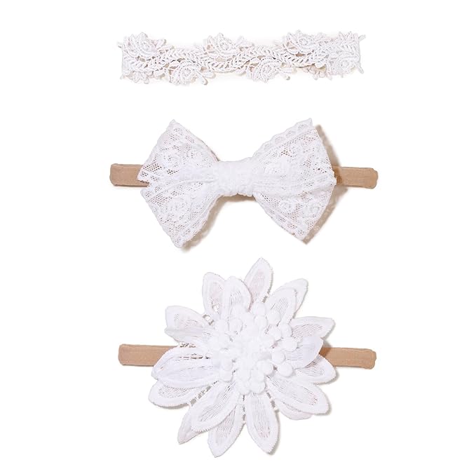 cherrboll Baby Girl Nylon Headbands, 3Pcs Handmade Floral Hair Bows, Stretchy Flower Hairbands for Newborns Infants Toddlers