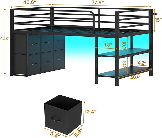 BTHFST Low Loft Bed Twin Size with 6 Storage Drawers, LED Lights, 2 Tier Storage Shelves, Kids Metal Loft Bed with 15" H Stairs & Safety Guardrail, Spave Saving, Black