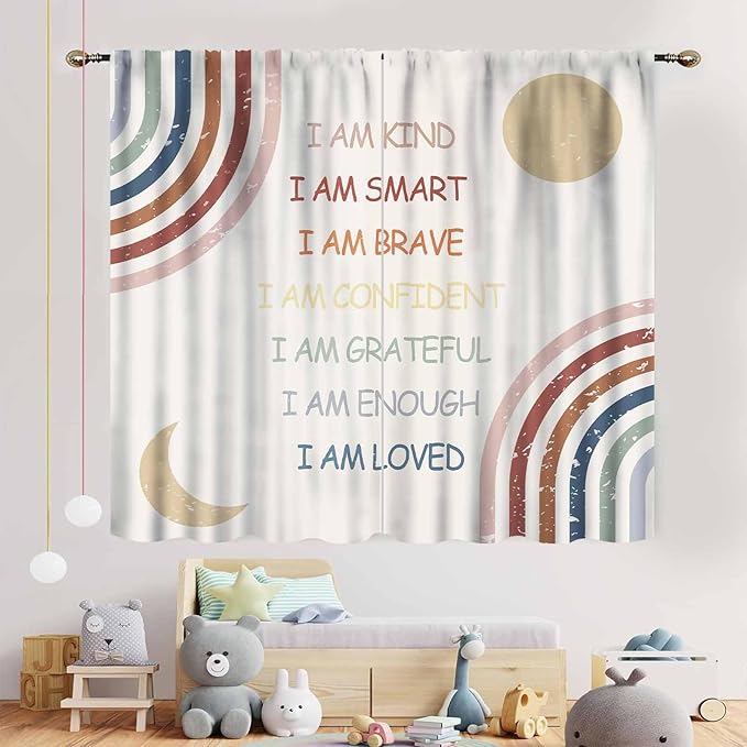 Rainbow Curtains for Girls Bedroom, Boho Rianbow Quotes Inspirational Motivational Positive Colorful Pastel Window Drapery for Baby Kids Living Room Toddler Nursery Classroom 2 Panels, 42"x63" Inch