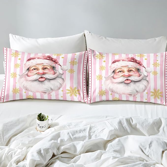 Manfei Cartoon Santa Claus Duvet Cover,New Yrar Decor Golden Snowflake Christmas Theme Bedding Set for Bedroom Decor,Girly Pink Geometric Stripes All Season Bedding (NO Comforter) Queen Size