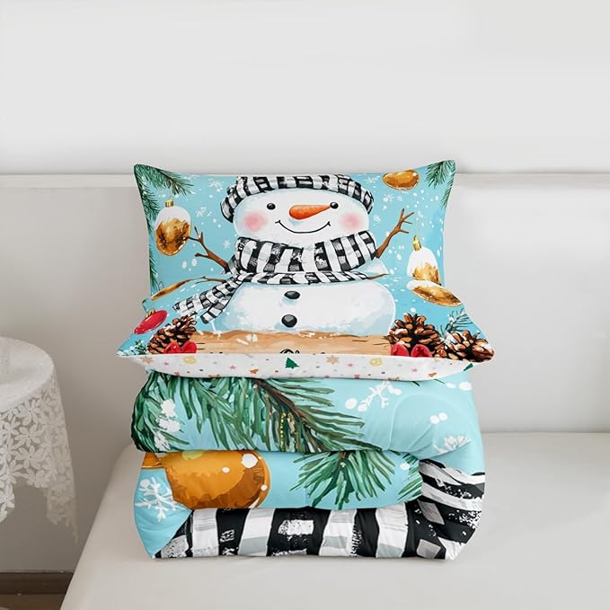 Feelyou Merry Christmas Comforter Set King Size Cute Snowman Bedding Set for Kids Boys Girls Snowflake Duvet Quilt Winter Bedroom Decor Microfiber 3 Pcs with 2 Pillow Cases