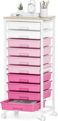 Rolling Cart with Drawers,10 Drawer Rolling Cart,Storage Cart,Utility Cart,Teacher Cart for Classroom Storage,Craft Cart with Wheels and Wooden Tabletop,Pink