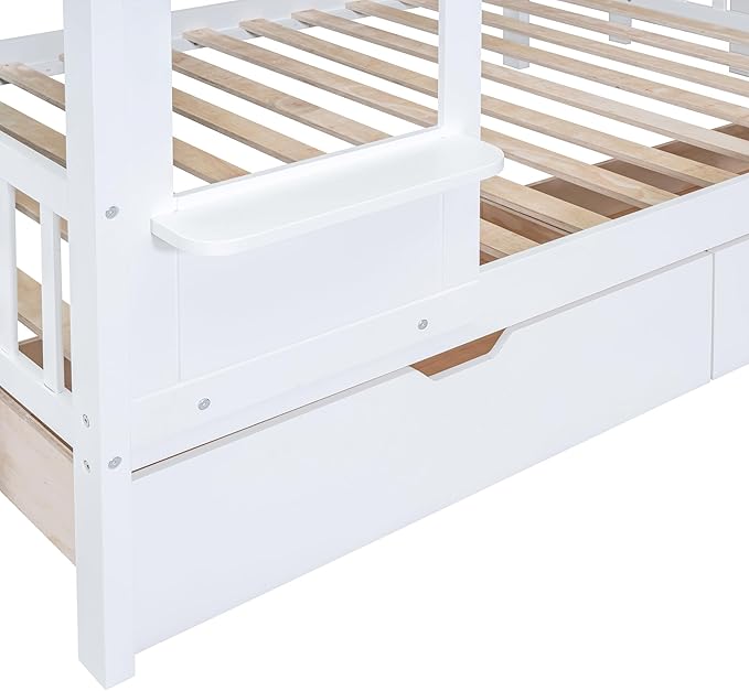 Full-Over-Full Castle Style Bunk Bed with 2 Drawers and 3 Shelves, Wood Bunk Bed Frame with Slide and Storage Staircase for Kids Teens Boys Girls, Maximize Space Savings (White +Full-3)