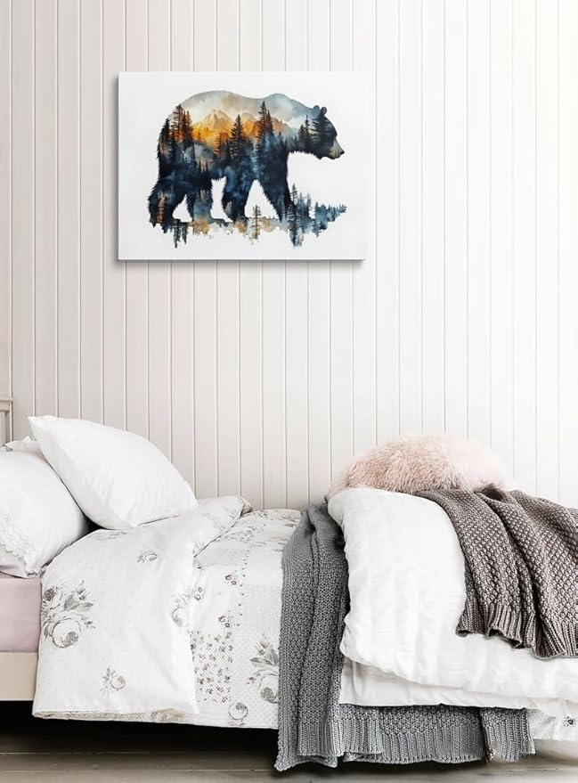 Woodland Bear Silhouette Canvas Wall Art - Framed Nature Painting Print, Mountain Forest Wildlife Wall Decor Artwork and Posters for Cabin, Living Room, Bedroom, Office (16x24 Inches)