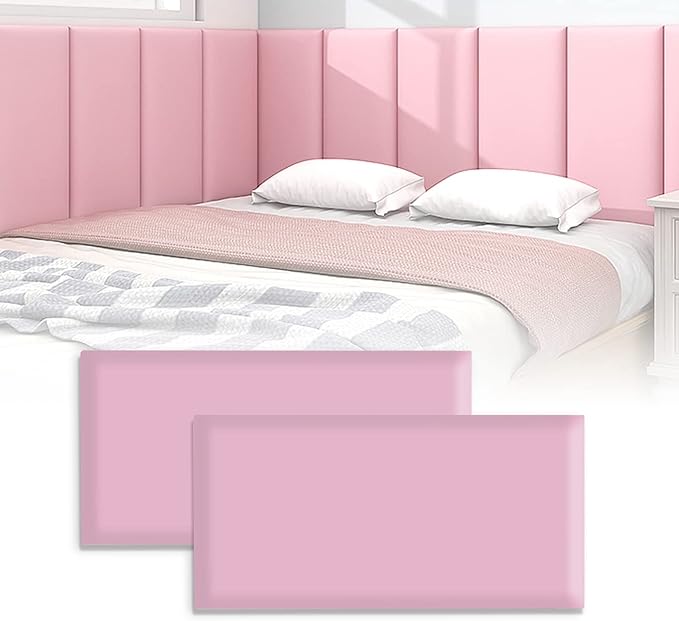 3D Anti-Collision Wall Padding for Kids, Peel and Stick Upholstered Wall Panels, Queen Headboard, Playroom Decorative Protection Panel, Pack of 2 Panels Sized 23.6” X 11.8” (Pink)