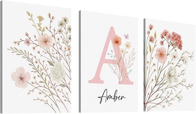 Personalized Girls Nursery Wall Art - Custom Name Pink Floral Butterfly Canvas Print 3pc Framed Wrapped Canvas for Bedroom Living Room Entryway Study Room Initial Wall Decor Baby Shower Birthday Easter Graduation New Year Valentine's Day Gift (30×40cm/...