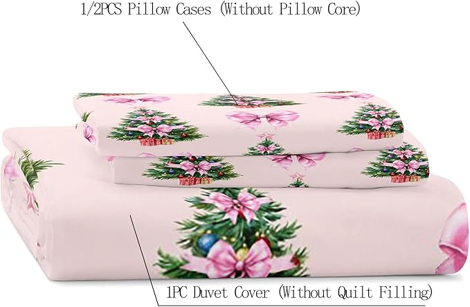 LUVIVIHOME 3PCS Pink Bow Christmas Tree Duvet Cover Queen Bedding Sets, Teen Girl Bedding, Light Pink Duvet Cover, Xmas Tree Winter Holiday Festival Coquette Christmas Comforter Cover, 2 Pillow Cases