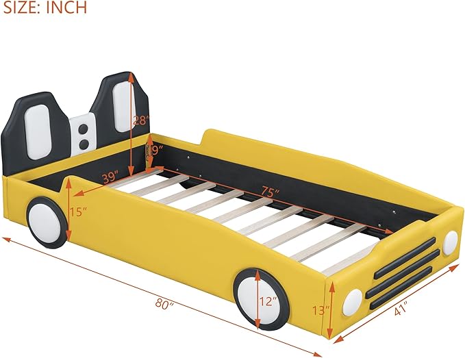 Harper & Bright Designs Twin Size Race Car-Shaped Platform Bed with Wheels,Yellow