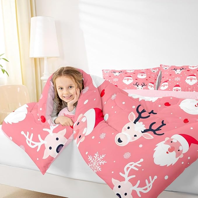 Feelyou Christmas Comforter Set All Season Santa Deer Bedding Set with 1 Pillow Cases Snowflake Microfiber Kids Toddler Bedclothes Bedroom Decor Duvet Quilt Breathable Soft Lightweight