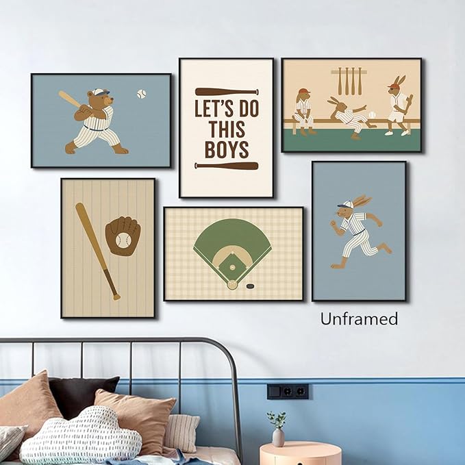 Baseball Poster Canvas, Baby Boy Sports Nursery Wall Art, Cute Animal Rabbit Bear Athletes Pictures, Let's Do This Boys Charming Quote Print, Kids Bedroom Baseball Field Art 12x16in Framed