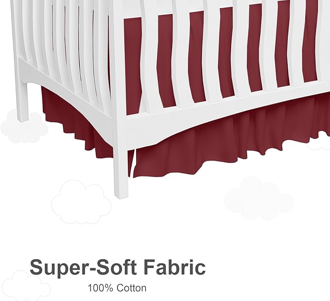 Crib Bed Skirt Dust Ruffle with Split Corners, 100% Cotton, Burgundy Nursery Crib Skirt for Baby Boys or Girls, 28x52, 14" Drop, Toddler Bed Skirt, Baby Bedding, Crib Sheet Skirt, Soft & Breathable