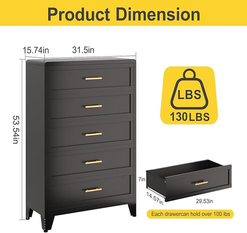 5 Drawers Tall Black Dresser for Bedroom, 52.16" Metal Dressers & Chests of Drawers Curved Corner Design, Storage Organizer Drawer Chest with Large Capacity for Living Room, Hallway, Entryway