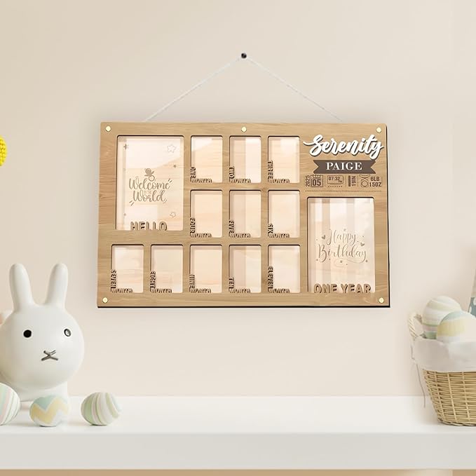 First Year Photo Board – 12 Months Baby Picture Frame, My First Year Wooden Photo Display, Holds Two 4x6 Photos and Twelve 2x3 Pictures, Nursery Wall Frame Décor