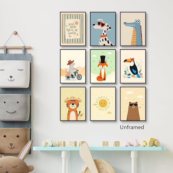 9 Pieces Nursery Animals Canvas Wall Art, Kids Room Fashion Sunglasses Dog and Bear Poster, Cute Crocodile Fox Cat and Lion Picture, Warming Sunshine Print for Baby Bedroom Playroom 8x12in Unframed