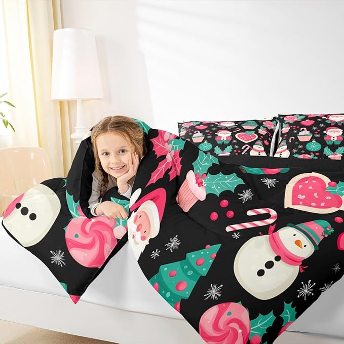 Feelyou Christmas Decor Comforter Set Toddler Size Pink Santa Claus Bedding Set for Kids Boys Girls New Year Gift Duvet Quilt Snowman Bedroom Decor Microfiber 2 Pcs with 1 Pillow Cases