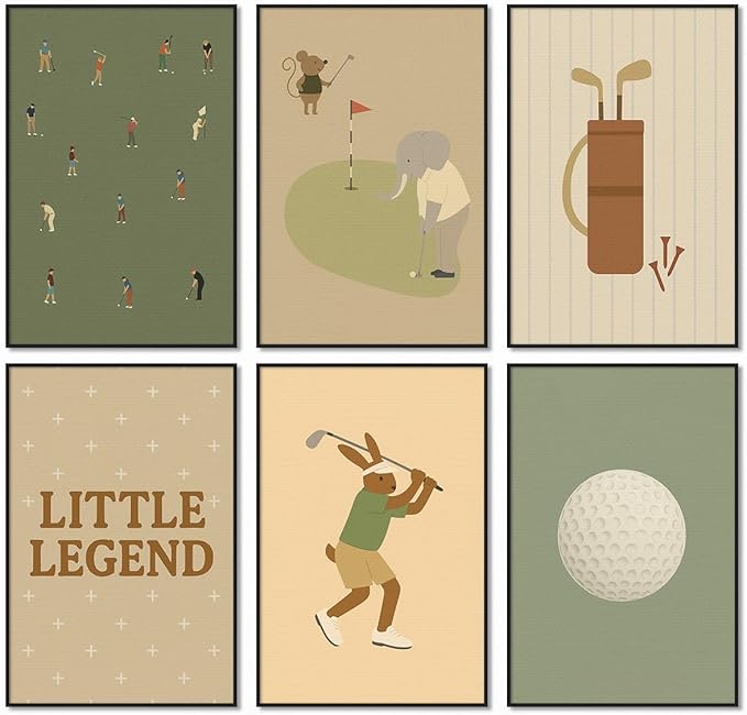 Golf Canvas Wall Art, Baby Boy Nursery Sports Posters, Animal Athletes Elephant Rabbit Pictures, Little Legend Charming Quote Print, Kids Bedroom Golf Course Wall Decor 12x16in Unframed