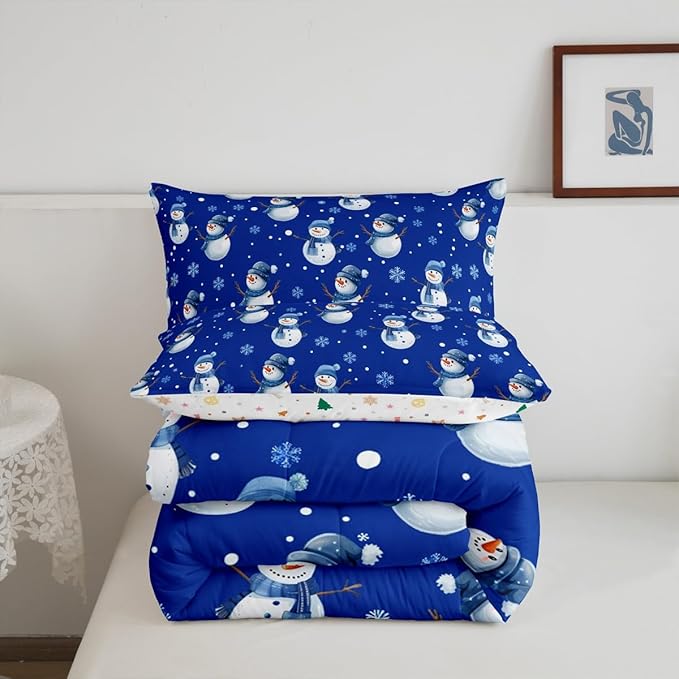 jejeloiu Kids Cute Winter Snowman Comforter Set King Size Blue Christmas Theme Bedding Set for Boys Girls Teens Xmas Snowflake Happy New Year Duvet Quilt Room Decor
