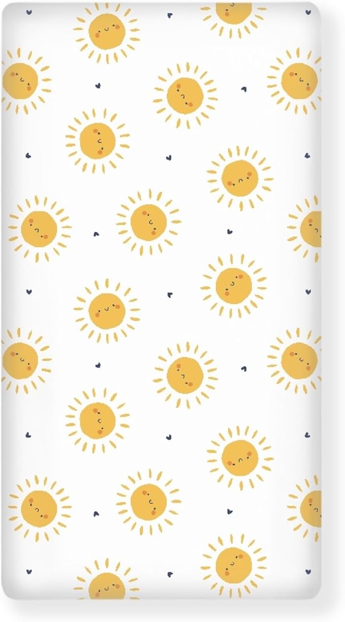 Suns Hearts Fitted Crib Sheet for Boys Girls Yellow Sun and Little Heart Baby Sheet for Standard Crib and Toddler Cute Sunshine Nursery Bed Mattress Sheets 28"x52"