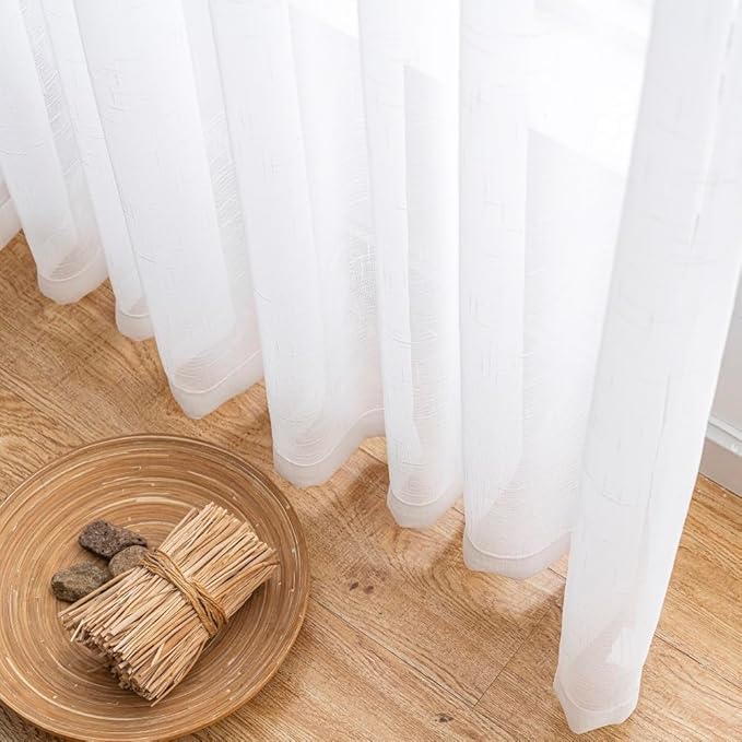White Sheer Curtains 96 Inches Long 1 Panel, 50 Inch Width, Thin Textured Linen Look Sliding Glass Door Curtain, Rustic Elegant Window Treatments, Pinch Pleated Drapes for Living Room