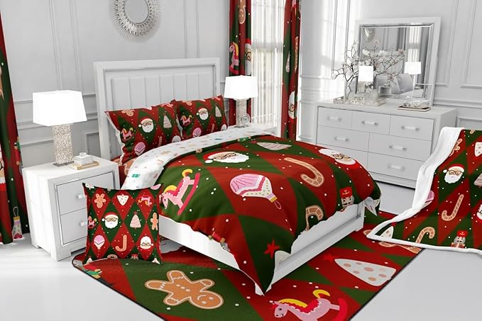 Feelyou Merry Christmas Bedding Set Soft for Boys Girls, Santa Claus Comforter Set Toddler Size Xmas Tree Nutcracker Soldier Duvet Quilt Gingerbread Man Bedroom Decor 2 Pcs with 1 Pillow Cases