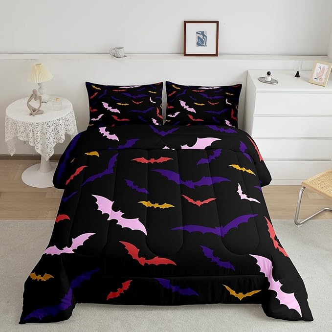Erosebridal Bat Bedding Set Twin Size for Kids Children Happy Halloween Comforter Set Flying Bat Quilt Gothic Spooky Down Comforter with 1 Pillow Case,Purple and Pink