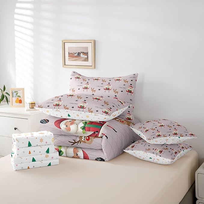 Santa Claus Bed Set Christmas Deer Bed in a Bag for Kids Boys Girls Winter Snowflake Comforter Set with Sheets Merry Christmas Khaki Bedding Set Bedroom Collection King Size