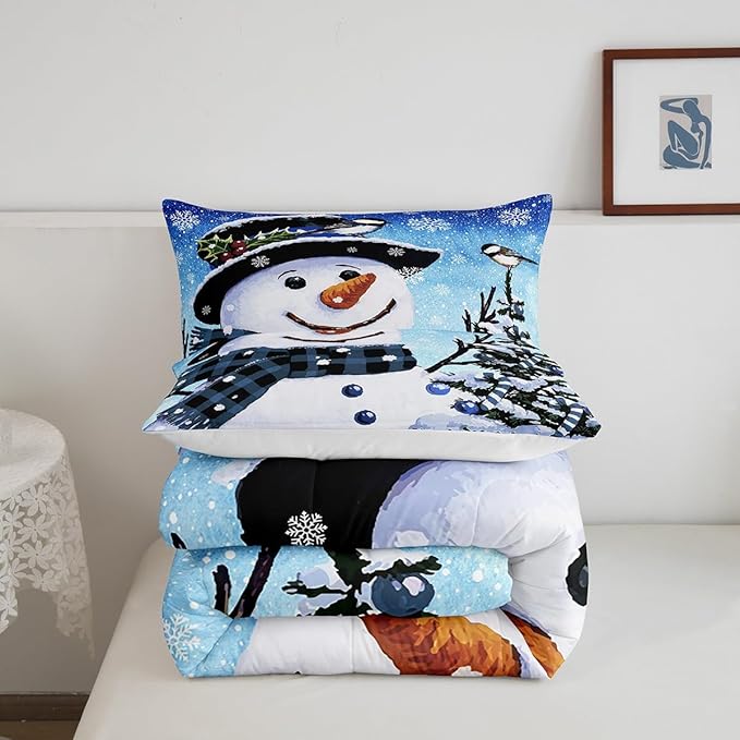 Feelyou Kids Christmas Theme Decorations Bedding Set Xmas Snowman Comforter Set for Boys Girls Snowflake Kawaii Cute Gradient Blue Bedroom Collection Full Size