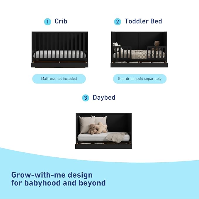 Graco Theo Convertible Crib with Storage Drawer (Black) – GREENGUARD Gold Certified with Drawer, Converts to Toddler Bed, Fits Standard Crib Mattress