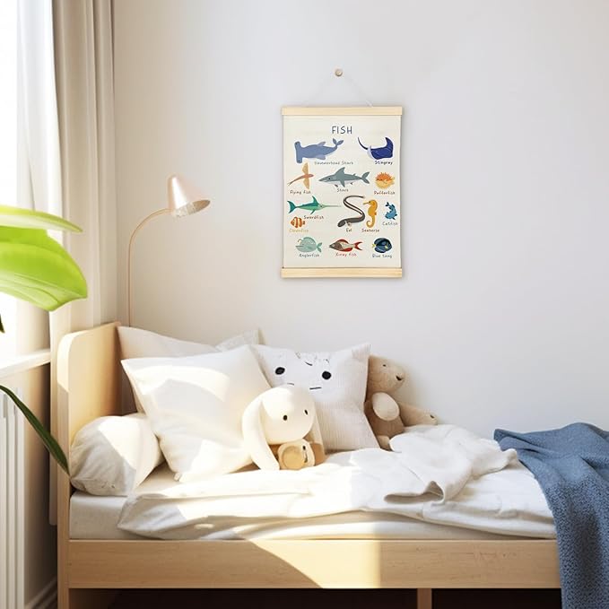 SereneHanctuary Fish Wall Art, Ocean Nursery Wall Decor, Coastal Beach Marine Animal Fish Poster Hanger Frame for Toddler Kids Room Bedroom Nursery Playroom Classroom Decor, 12x16 Inches